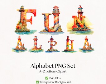 Lighthouse Clipart Alphabet Letters | Watercolor Beach Fonts | Ocean Themed Typography