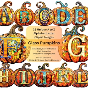Stained Glass Art, Pumpkin PNG Alphabet Clipart for Instant Download Printable Fall Crafts, Thanksgiving Décor, Halloween Banners and Signs