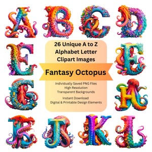 Octopus Clipart Animal Alphabet Letters PNG for Under the Sea Cute Cricut Fonts, Fantasy Art Commercial Use Digital Elements, Junk Journals