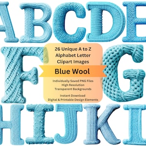 Knitted Blue Wool Clipart Alphabet Letters PNG Files for Digital Download, Scrapbooking Ephemera Junk Journal, DIY Cricut Arts Crafts Cards
