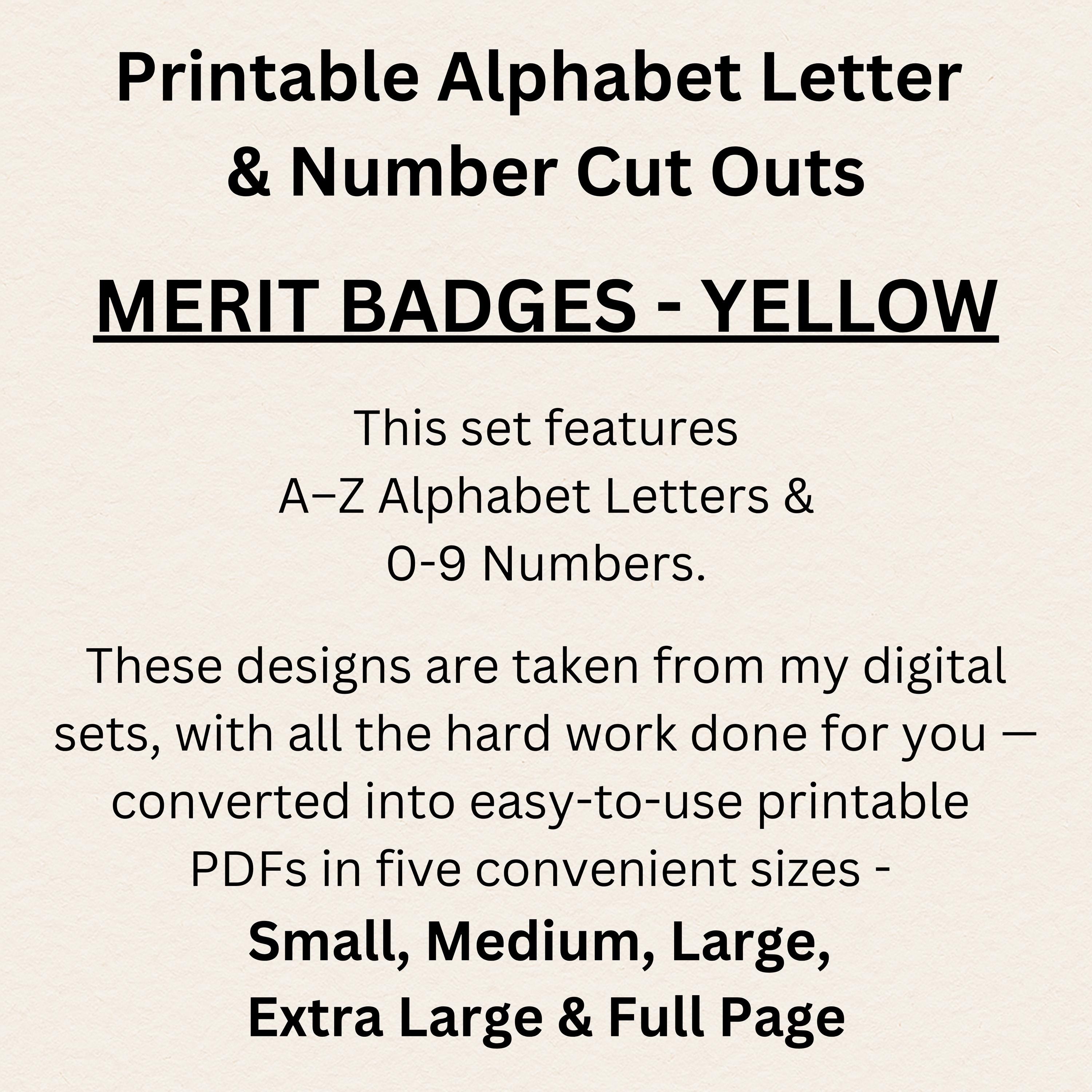 Merit Lettering PRINT AND CUT Letters & Numbers | Printable Yellow Merit Badges ...