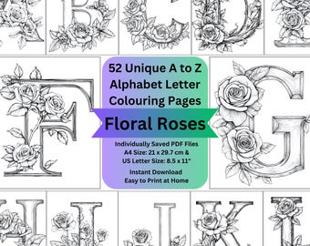Floral Roses Alphabet Letter Art Coloring Pages, Flower Adult Colouring Printable PDF Sheets, Rose Monogram Initials, Flowers DIY Kids Craft