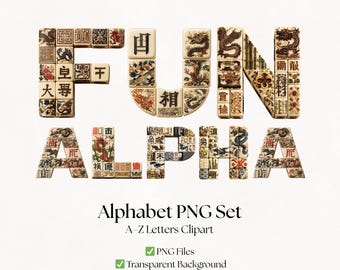 Mahjong Tile Alphabet Clipart: PNG Asian Letters (Digital Download)