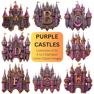 Purple Castle Alphabet Letters, Whimsical Clip Art for Kids, Magic Castle PNG Files, Fantasy Cricut Sticker Images Decorative Font Elements
