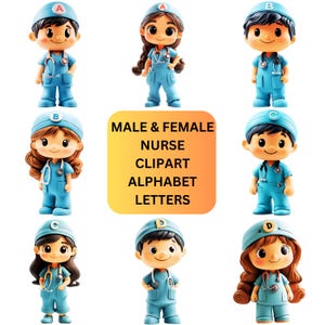 Letras del alfabeto PNG de enfermeras y enfermeros con uniformes médicos. Alfabeto imprimible digital para manualidades, tablones de anuncios y el Día de las Carreras.