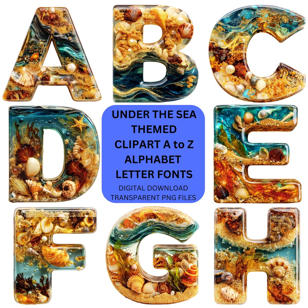 Under the Sea Alphabet Clipart: Nautical Sea Life Letters (PNG Digital ...