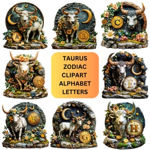 Letras del alfabeto del zodiaco Tauro PNG / Letras digitales del horóscopo Toro Celestial / Imágenes prediseñadas PNG del signo zodiacal para uso imprimible y digital