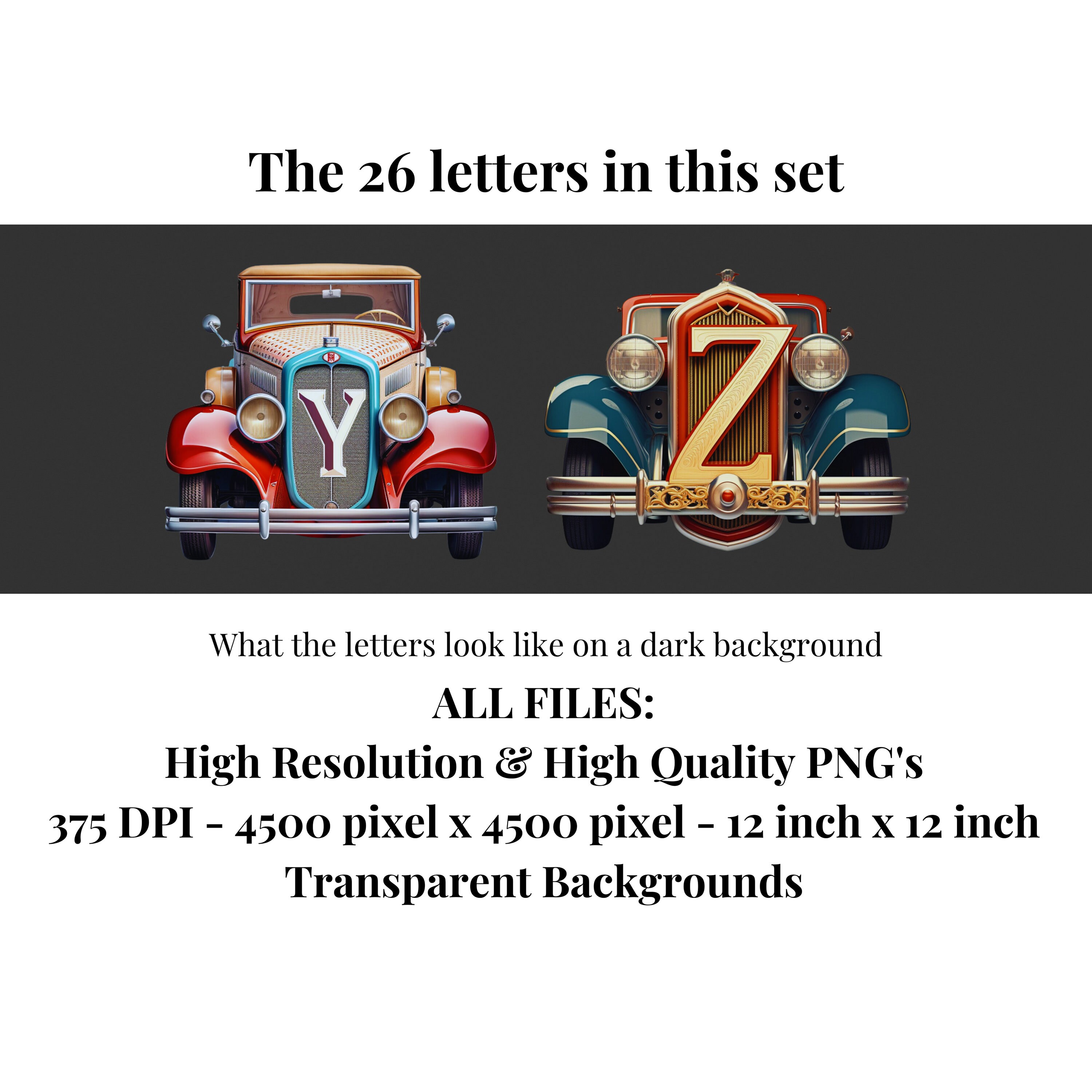 Vintage Car Clipart Alphabet Letters | PNG Vehicle Fonts | Transport ...