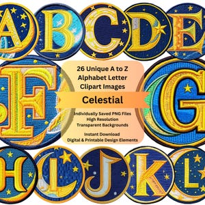 Clipart Letters PNG Alphabet Design with a Celestial Theme for Printable and Digital Use | ABC Clip Art Fancy Letter Bundle Alphabet PNG