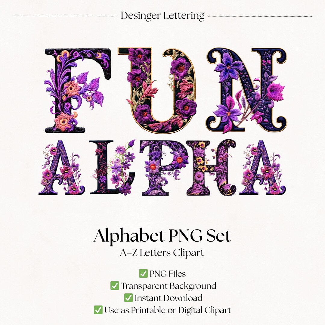 Purple Flower Clipart Alphabet Letters | Floral PNG Fonts | Botanical ...