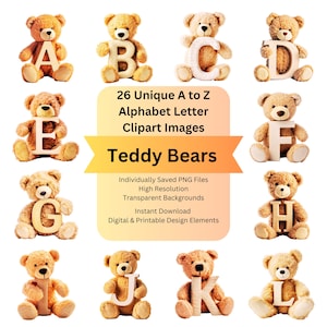 Teddy Bear Digital Clipart Alphabet Letters PNG for Files for Cricut Designs, DIY Arts and Crafts, Banners and Signs, Card Making, Scrapbook
