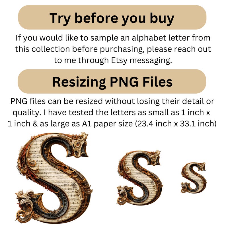 K&ouml;nnte beinhalten: Drei verzierte Buchstaben "S" in verschiedenen Gr&ouml;&szlig;en. Die Buchstaben haben einen Vintage-Look mit einem Hintergrund aus Notenbl&auml;ttern und dunkelbraunen und goldenen Verzierungen. Der Text lautet "Try before you buy" und "Resizing PNG Files". Die Buchstaben k&ouml;nnen von 2,54 cm x 2,54 cm bis 59,4 cm x 84,1 cm skaliert werden.