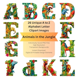 Jungle Animal Alphabet ClipArt Commercial Use Digital Art for Banners and Signs, Classroom Posters, DIY Crafts, Wall Art, Sublimation Design