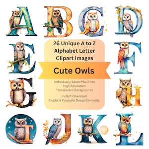 Owl Clipart Animal Alphabet Watercolor Letters PNG for Cricut Digital Files, Commercial Use Fonts, Printable Ephemera Scrapbooking Supplies