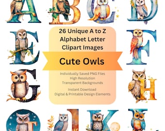 Owl Clipart Animal Alphabet Watercolor Letters PNG for Cricut Digital Files, Commercial Use Fonts, Printable Ephemera Scrapbooking Supplies