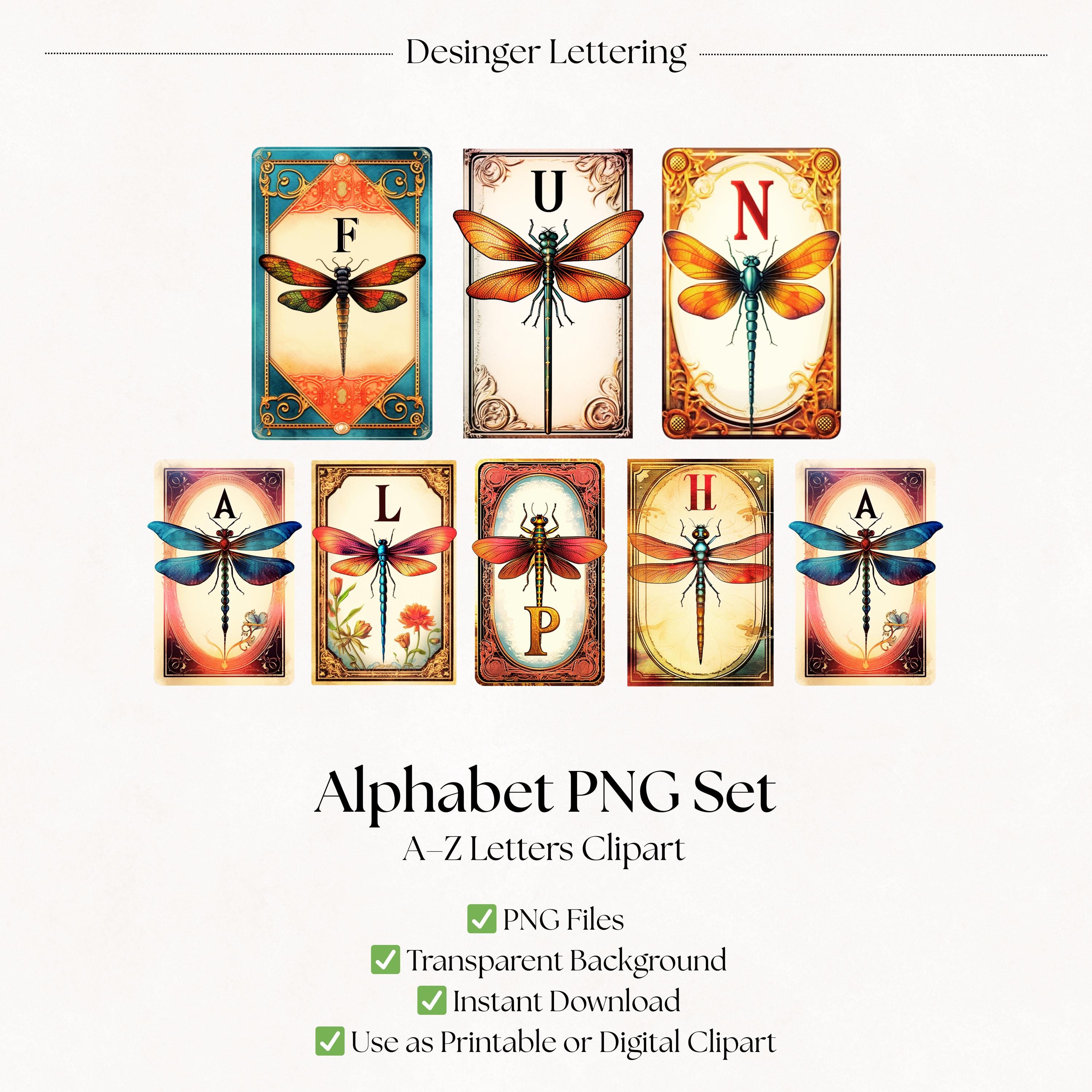 Dragonfly Alphabet Clipart Letters | Vintage PNG Fonts | Insect ...