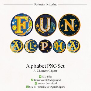 Clipart Alphabet Letters Celestial Themed | Blue and Yellow Lettering | PNG Font Designs | Digital Download