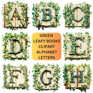Paquete de imágenes prediseñadas de libros para letras del alfabeto imprimibles y digitales, tipografía de libros de lectura, manualidades con iniciales de monogramas DIY, gráficos de clip art