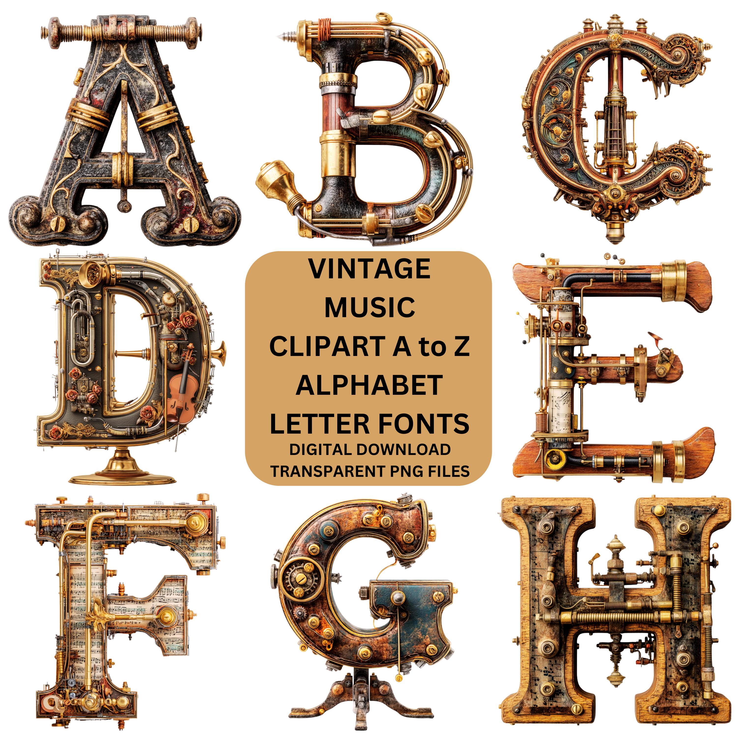 Musical Instrument Text Design Vintage Music Clipart Alphabet Letters | Musical Instrument PNG ...