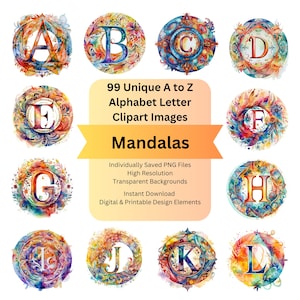 Watercolour Clipart Alphabet Letters PNG for Digital Printable Commercial Use Font Bundle, Mandala Art, Sublimation Files & Cricut Designs