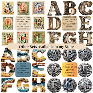 May include: A collection of digital alphabet clip art in various styles. Includes vintage floral postage stamp letters, music-themed initials, beach-themed letters, and silver floral rose letters. Each set offers digital downloads of transparent PNG files.