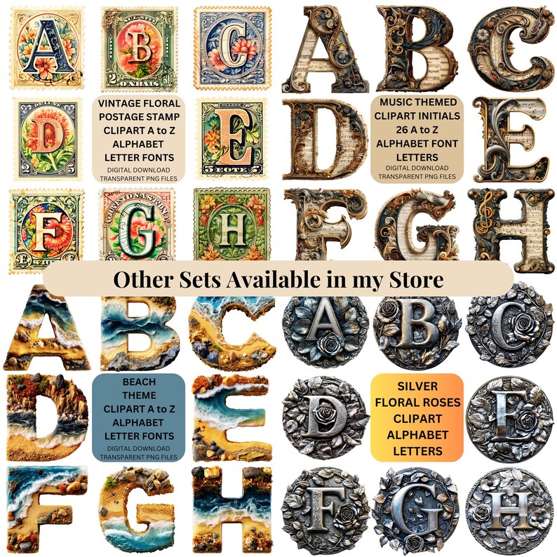 May include: A collection of digital alphabet clip art in various styles. Includes vintage floral postage stamp letters, music-themed initials, beach-themed letters, and silver floral rose letters. Each set offers digital downloads of transparent PNG files.