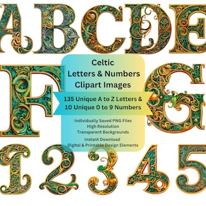Fancy Celtic Letters & Numbers PNG Files for Sublimation, Commercial Use Art, Digital Scrapbooking, Junk Journals, Cricut Designs DIY Craft