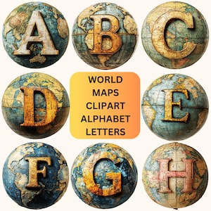 Ronde carte du monde Clipart lettres de l'alphabet, géographie vintage PNG, lettres imprimables et numériques pour le thème de la classe, carnet de voyage scrapbooking