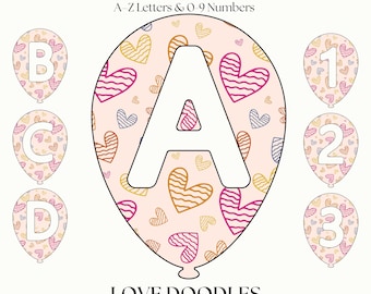 Heart Doodle Letters & Numbers | Balloon Font Bundle | Party Alphabet | Cute Cricut Clipart Lettering | Transparent Digital Download