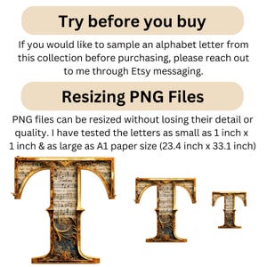 May include: Three golden letter "T" designs in varying sizes, with a vintage musical score pattern inside. The text "Try before you buy" and "Resizing PNG Files" are also visible. The letters can be resized from 1 inch to 23.4 x 33.1 inches.