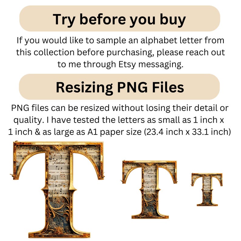 May include: Three golden letter "T" designs in varying sizes, with a vintage musical score pattern inside. The text "Try before you buy" and "Resizing PNG Files" are also visible. The letters can be resized from 1 inch to 23.4 x 33.1 inches.