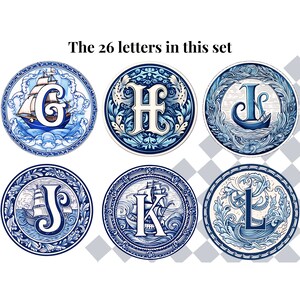 May include: Six blue and white ceramic tiles with a nautical theme. Each tile features a different letter of the alphabet, from G to L, surrounded by a decorative border of stylized waves and floral motifs. The letters are in a white, stylized font.