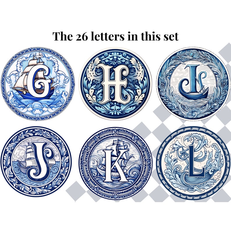 May include: Six blue and white ceramic tiles with a nautical theme. Each tile features a different letter of the alphabet, from G to L, surrounded by a decorative border of stylized waves and floral motifs. The letters are in a white, stylized font.