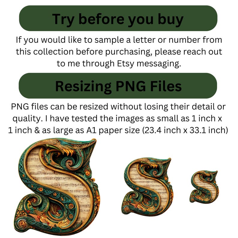 Puede incluir: Tres dise&ntilde;os ornamentados de la letra "S" en varios tama&ntilde;os. Las letras presentan una combinaci&oacute;n de colores verde azulado y dorado con intrincados adornos y un fondo de partituras musicales. El texto indica que los archivos PNG se pueden redimensionar de 2,5 cm a 59,4 cm x 84,1 cm.