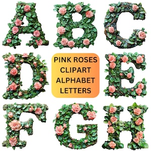 Pink Rose Clipart Decorative Letters for Floral Alphabet PNG Clip Art, Printable & Digital Projects, Scrapbooking, Junk Journal, Mixed Media