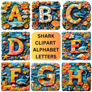 Shark Clipart Alphabet Letters | Cute Ocean Animals Letters PNG Bundle | Printable Sea Animal Digital Alphabet Clipart for Kids and Crafts