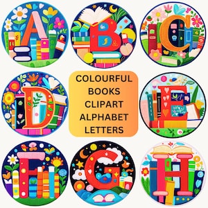Clipart di libri colorati con lettere dell&#39;alfabeto / Clipart di una pila di libri fantasy / PNG di lettura e biblioteca / Caratteri dell&#39;alfabeto grandi stampabili e digitali