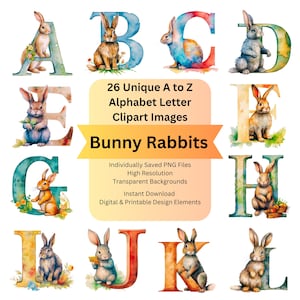 Bunny Rabbit Animal Alphabet ClipArt for Farmhouse Font Cricut Decorative Letters, Downloadable Fonts, Easter Alphabet Crafts & PNG Designs