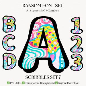 Fuente de garabatos coloridos / Conjunto de imágenes prediseñadas de letras divertidas para marcadores / Letras del alfabeto y números, iniciales de monogramas / Descarga digital