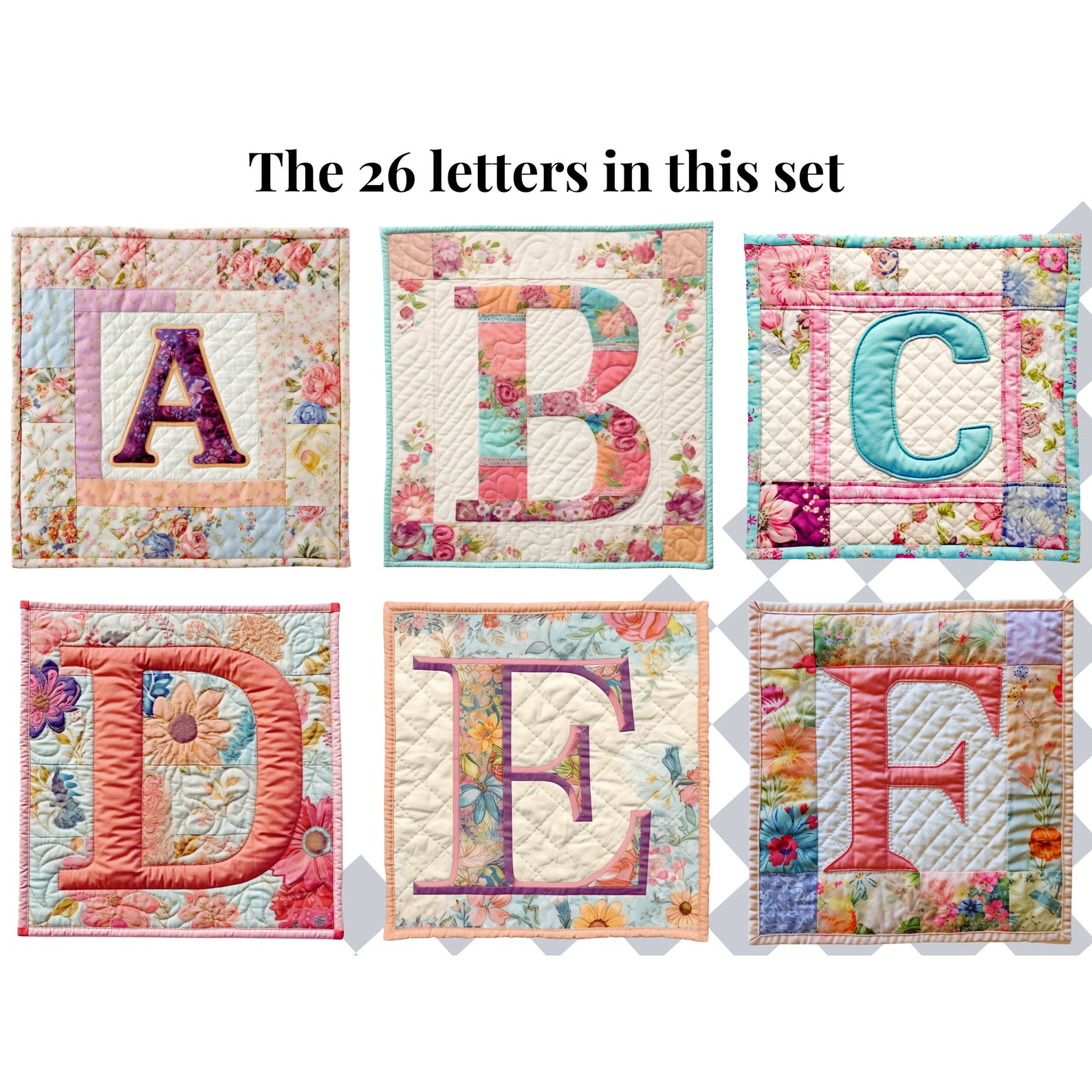Floral Quilt Alphabet Letters Clipart | PNG Fonts for Journals ...