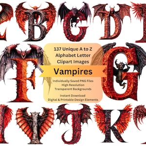 Halloween Vampire Clipart Alphabet Letters for Digital Download Commercial Use Font Bundle, Cricut Crafts, Gothic Junk Journal Scrapbooking