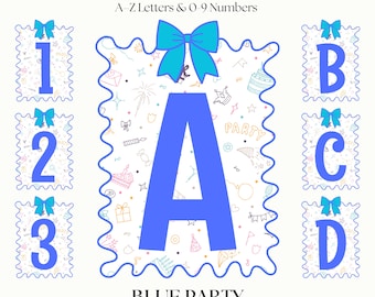 Fancy Blue Party Letters & Numbers | Alphabet PNG Clipart Fonts | Monogram Initial Set | Digital Download