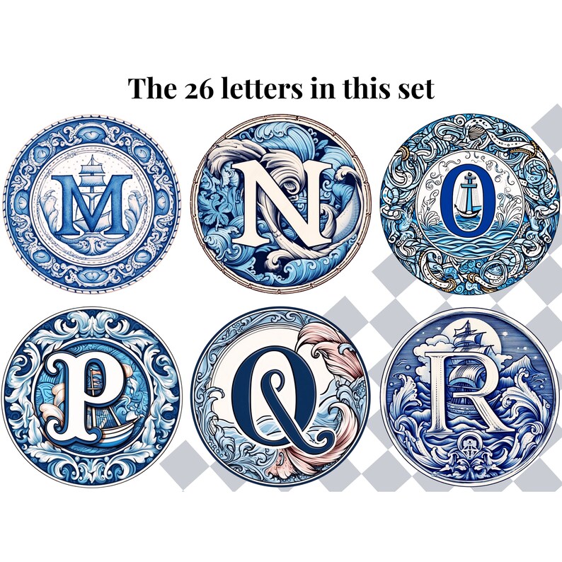 May include: Six round blue and white ceramic tiles with a decorative border and a white letter in the center. The letters are M, N, O, P, Q, and R. The tiles are part of a set of 26 letters.