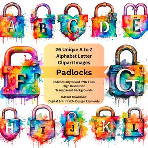 Padlock Clipart Alphabet Letters PNG Files for Watercolor Digital Download, Scrapbooking Ephemera, Junk Journal, Cricut DIY Arts and Crafts