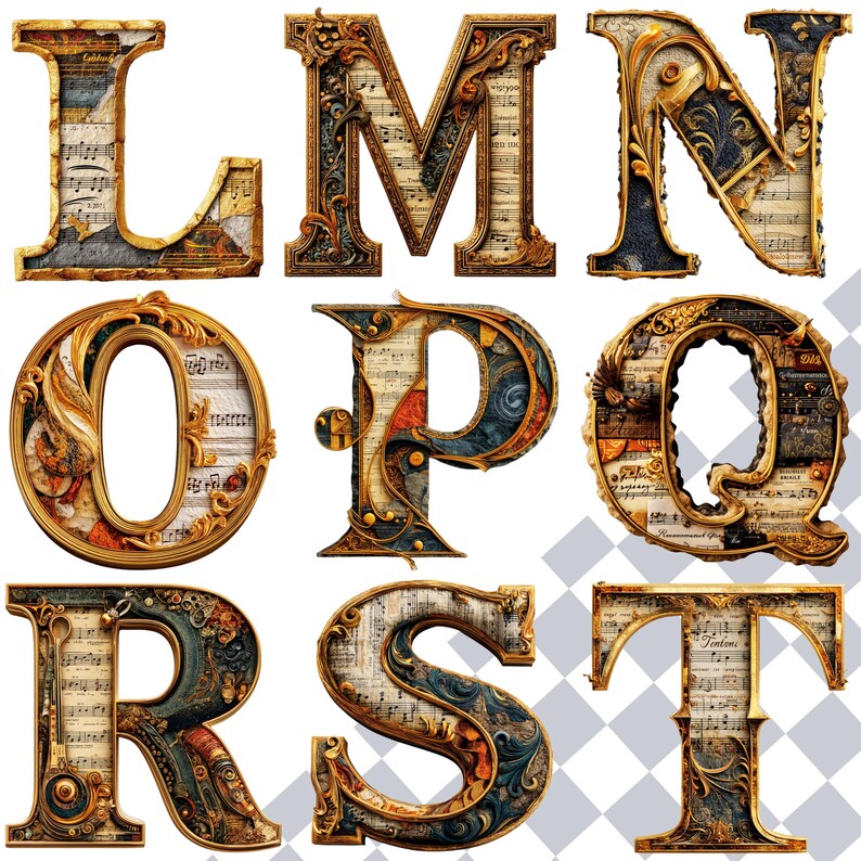 May include: Nine ornate, vintage-style letters of the alphabet: L, M, N, O, P, Q, R, S, and T. Each letter features a gold-colored frame with intricate detailing, filled with sheet music and decorative elements in various colors, including blue, brown, and cream.