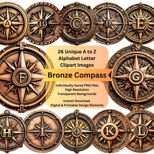 Digital Clipart Compass Alphabet Letters PNG for Instant Download Commercial Use Sublimation Bundle, Circut Designs, Vintage Ephemera Images