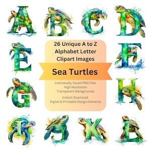 Sea Turtle PNG Watercolor Animals Alphabet Clipart for Under The Sea Classroom Theme, Door Décor, Cute Font for Cricut & Decorative Letters