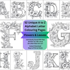 Páginas para colorear con letras del alfabeto botánico, archivos PDF para colorear en escala de grises fáciles, manualidades para adultos con flores de primavera, descarga digital de naturaleza