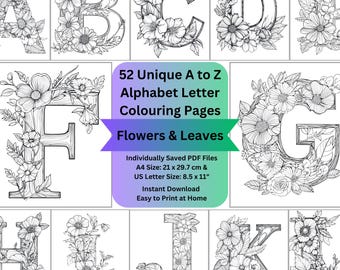Botanical Coloring Alphabet Letter Pages, Easy Greyscale Colouring PDF Files, Spring Floral Flowers Adult DIY Craft, Nature Digital Download