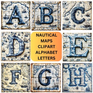 Nautische Karte Clipart Alphabet Buchstaben | Vintage Nautik PNG | Druckbare Blau Nautische Objekt Clipart | Nautische Clip Art Grafiken zum Basteln